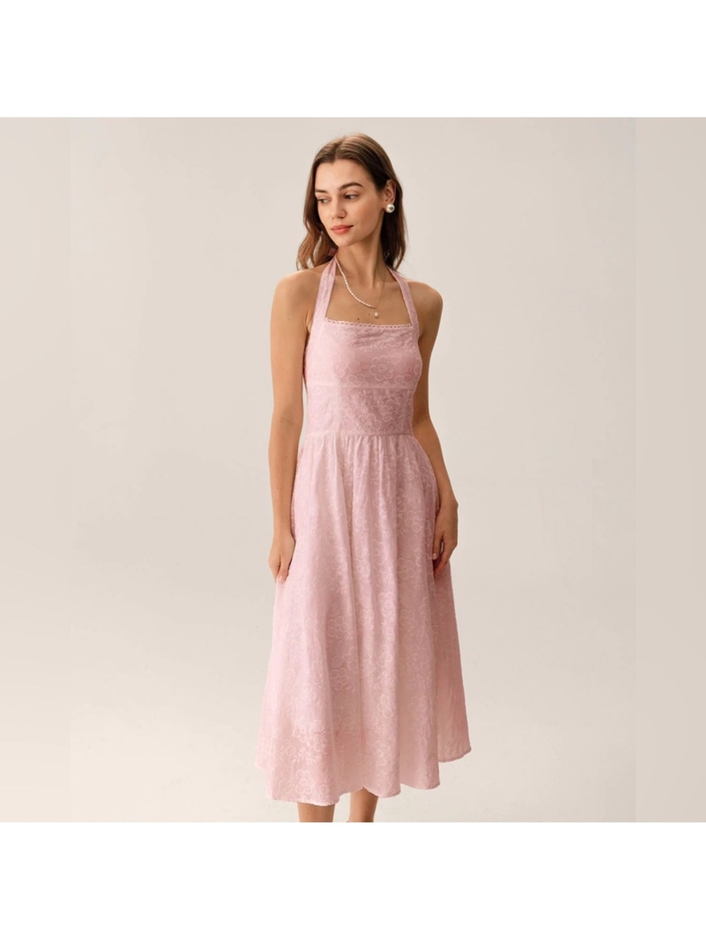 Women's Pink Halter Embroidery Midi Dress